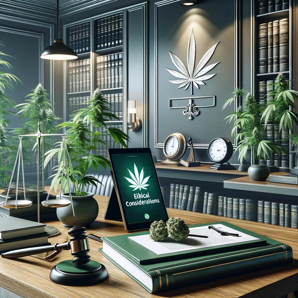 Cannabis compliance legal and ethical considerations, in a large room with library of compliance related books